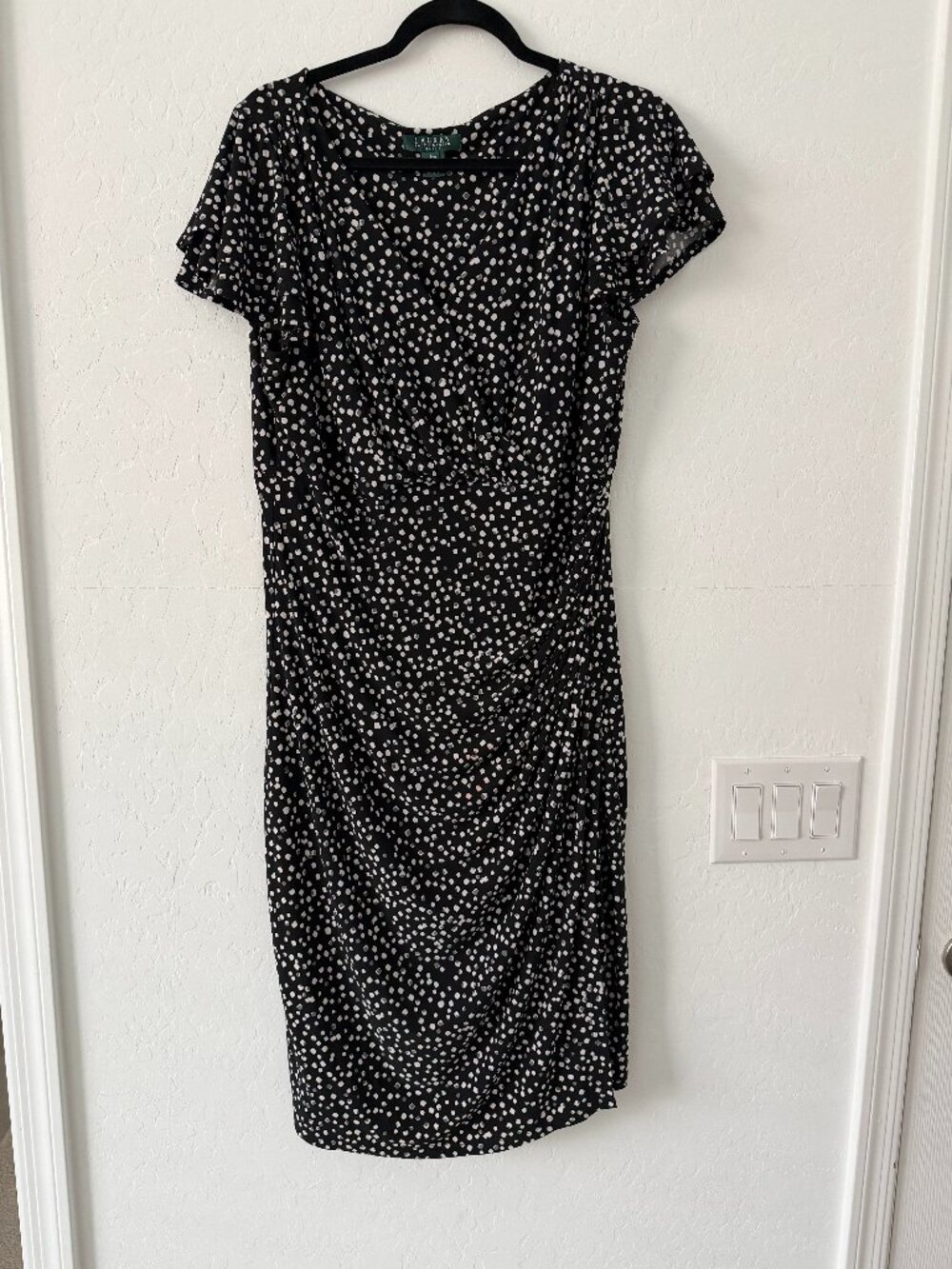 Lauren Ralph Lauren Womens 14W Black White Polka Dot Faux Wrap Ruched Midi Dress